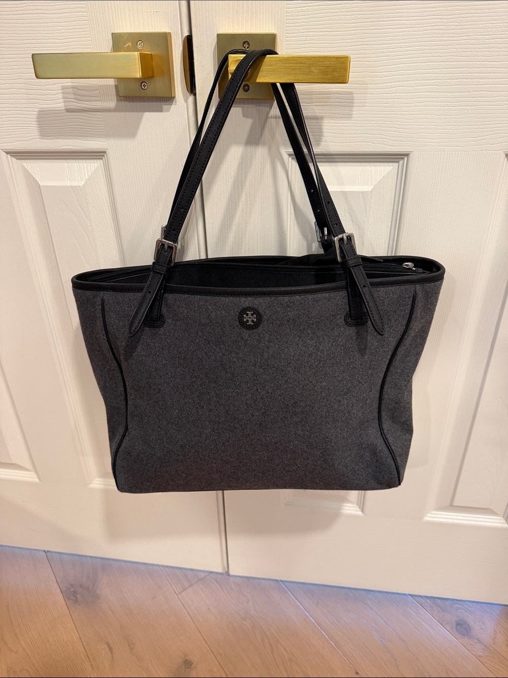 Tory Burch Dark Gray Felt Tote with Black Leather Straps